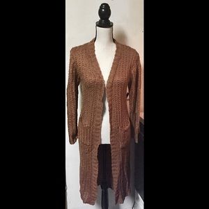 Brown Midi Long Loose Knit Cardigan Sweater: Pockets, Button Closure, Sz.XS-NWOT